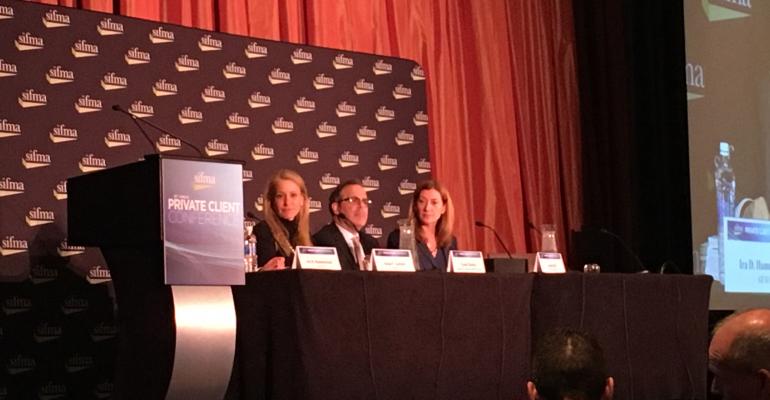 FINRArsquos Susan Axelrod Merrill Lynchrsquos Evan Charkes and LPL Financialrsquos Sarah Gill participate in a regulatory panel at SIFMArsquos annual Private Client Conference on Thursday