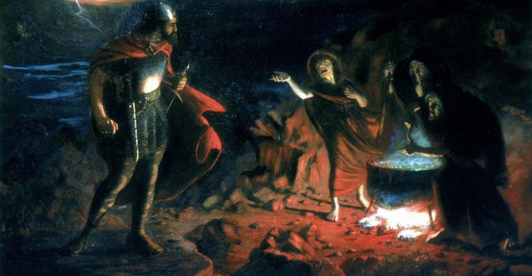 Painting depicting Macbeth and three witches