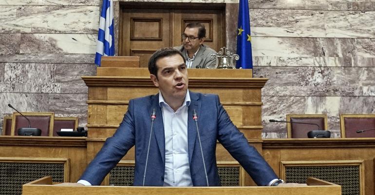 Greek Prime Minister Alexis Tsipras addresses his party members and ministers at the Greek Parliament on June 16 2015 in Athens Greece